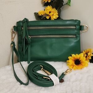Green Faux-Leather Crossbody Bag with Dual Zipper Pockets